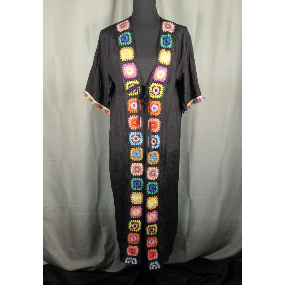 Rebellion Again Black Maxi Kimono Crochet Floral Trim Rainbow Fringe NWT Small